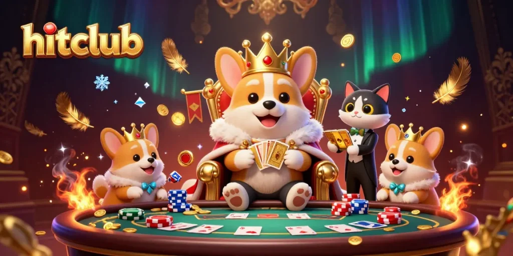 Engage with hitclub's vibrant gaming scene featuring a royal corgi and dynamic poker elements.