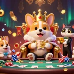 Engage with hitclub's vibrant gaming scene featuring a royal corgi and dynamic poker elements.