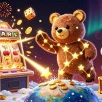 Experience thrilling wins at vn168 with a constellation bear scooping coins amidst vibrant casino excitement.