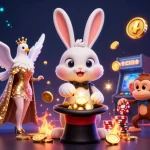 Experience thrilling gameplay at BET88 with a magician, dove, and monkey amid dazzling casino elements.