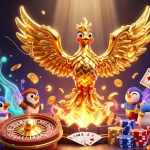 F168 offers an exciting gaming experience with a golden phoenix emerging amongst cascading coins.