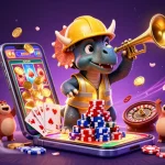Experience the thrill of new88 with a vibrant casino scene showcasing a triceratops and parasaurolophus celebrating amidst poker chips and thrilling games.