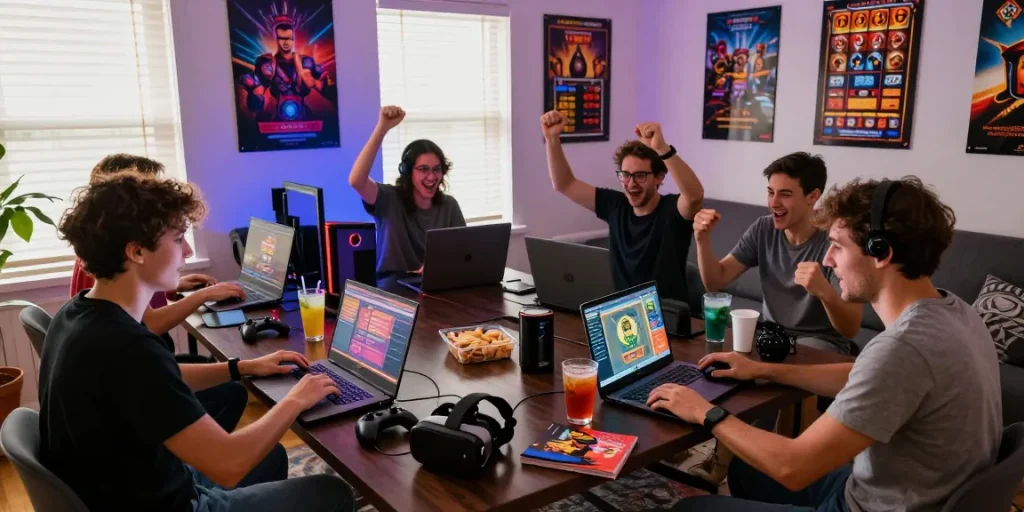 Friends enjoying HWGSLOT games in a vibrant gaming room.