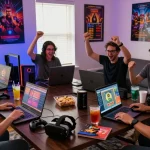 Friends enjoying HWGSLOT games in a vibrant gaming room.