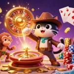 Engage luck8 as the cat explorer uncovers a golden artifact in a vibrant casino scene.