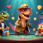 Experience thrilling gaming at EE88 with a velociraptor card counter and casino elements.