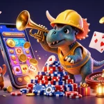 GK88 gaming scene features a triceratops building poker chips, celebrating wins with festive elements.