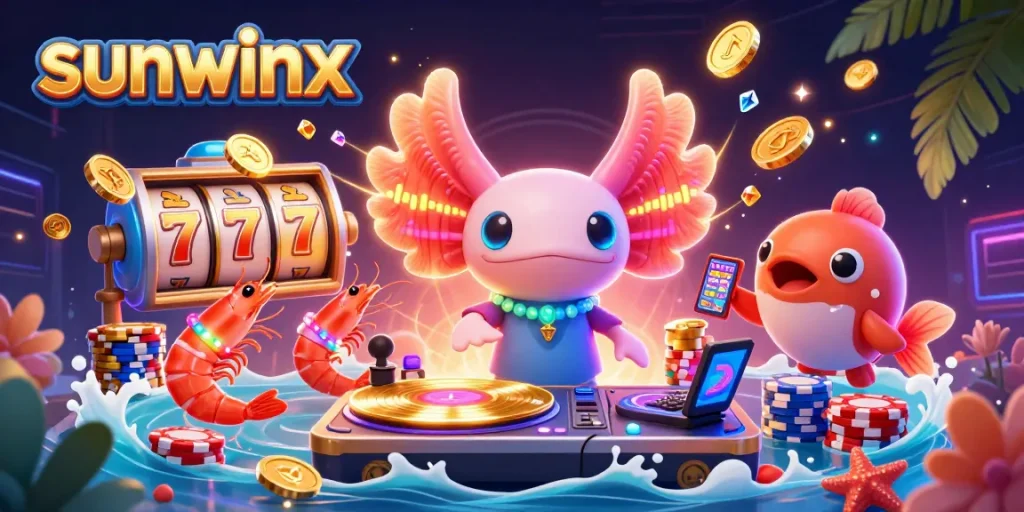 Engage with sunwinx's immersive gaming experience in a vibrant casino illustration.