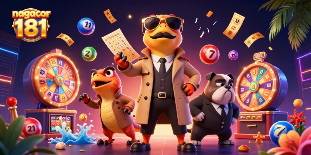 Explore nagacor 181's vibrant casino scene featuring three raptors in a trench coat, interacting with dynamic lottery elements.