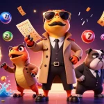 Explore nagacor 181's vibrant casino scene featuring three raptors in a trench coat, interacting with dynamic lottery elements.