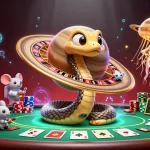 Experience the excitement of luxury111 with players at a cosmic roulette wheel and poker table.