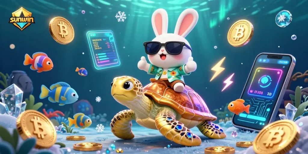 Play and win big at sunwin with an adorable rabbit and golden turtle in a vibrant underwater scene.