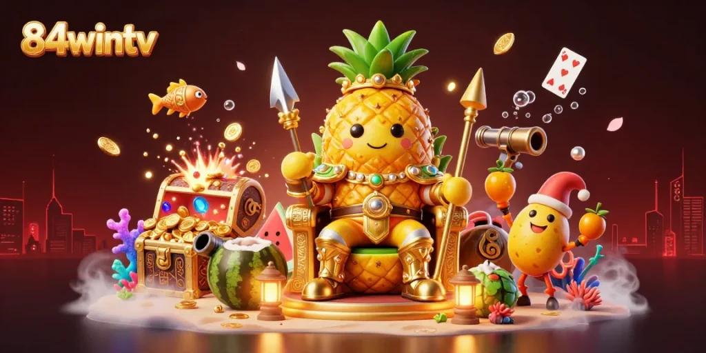 Experience the vibrant gameplay at 84wintv with an engaging scene featuring a golden pineapple king in lively casino action.