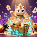 Xoilac brings excitement as the mummy cat bursts from a sarcophagus, showcasing vibrant lottery action and casino energy.
