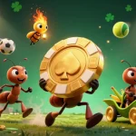 Go8 showcases a dynamic scene of ants performing a heist with oversized poker chips in a vibrant casino atmosphere.