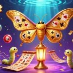 Experience the thrilling judi slot gacor atmosphere with a vibrant 3D scene featuring golden moths and casino elements.