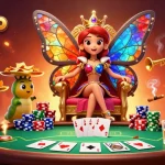 Experience the excitement of Bosjoko with a vibrant casino scene featuring a butterfly queen and poker elements.