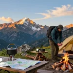 Adventurer preparing camping gear at sunset, showcasing rokok88 outdoor essentials in a stunning natural landscape.