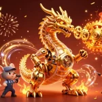 Engaging scene depicting tỷ lệ kèo nhà cái 5 with a golden dragon, sports betting elements, and dynamic visuals.