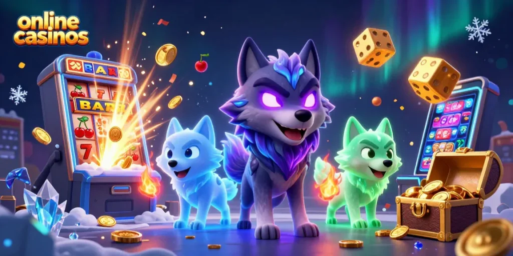 Experience thrilling online casinos with charming wolf characters and vibrant slot machine action.