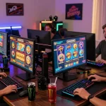 Friends enjoying an exciting online gaming session with wd138 slot games, surrounded by colorful screens and gaming gear.