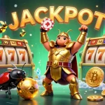 Fly88: Win big and celebrate with a 3D beetle hero lifting a poker chip in an exciting casino scene.