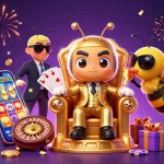 Kèo nhà cái 55 showcases thrilling sports betting elements with a dynamic bee mob boss and whimsical characters.