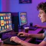 Player immersed in an exciting gaming experience on apizeus777 platform, surrounded by colorful slot machine icons and bonuses.