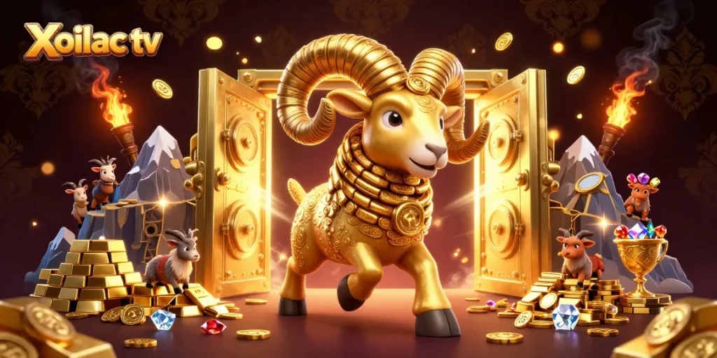 Xoilac tv presents a dynamic scene of golden treasures, vibrant gems, and a charging ram, embodying excitement in online betting.