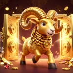 Xoilac tv presents a dynamic scene of golden treasures, vibrant gems, and a charging ram, embodying excitement in online betting.