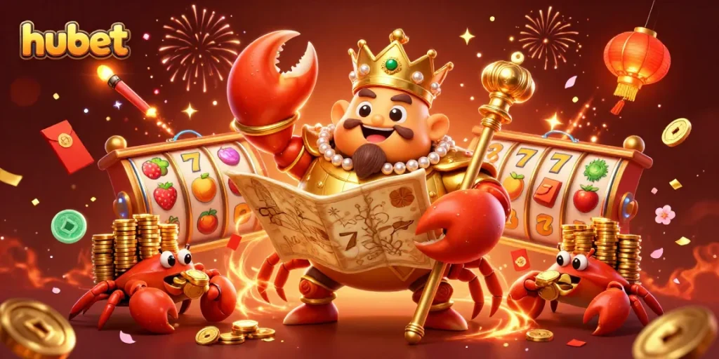 Engage with hubet's grand gaming experience featuring a golden crab emperor amidst vibrant slot elements.