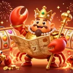 Engage with hubet's grand gaming experience featuring a golden crab emperor amidst vibrant slot elements.