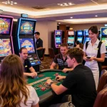Players enjoying slot terpercaya gaming in a lively casino atmosphere with bright lights.