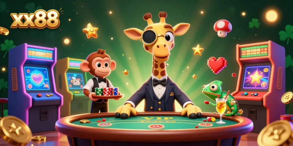 Experience excitement at xx88 with a vibrant 3D casino scene featuring a giraffe, monkey, and chameleon.